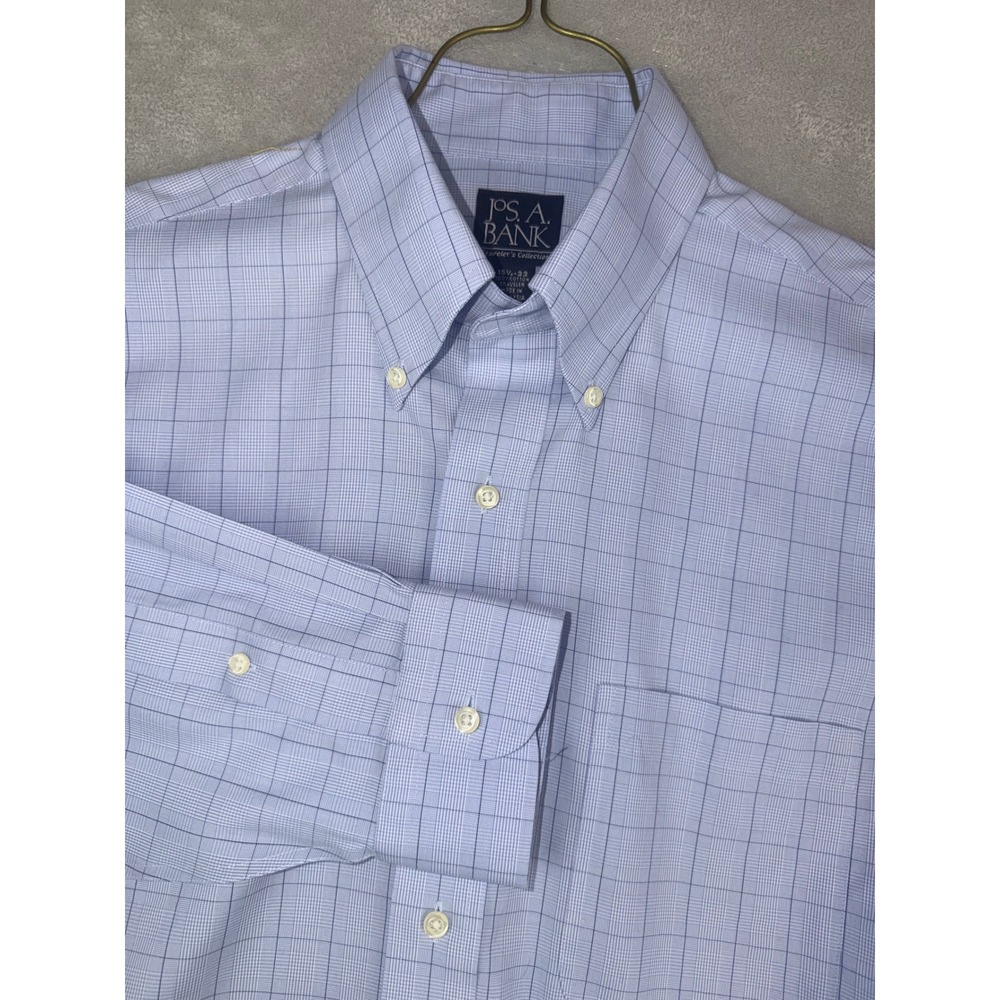 Jos A Bank Men's 15.5X33 Travelers Collection Blue Windowpane Check Shirt Cotton